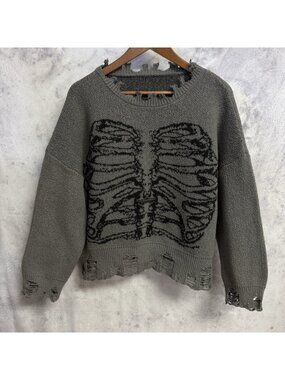 Grunge Alt Skeleton Rib Cage Distressed Knit Sweater Boxy Crop Grey Size L